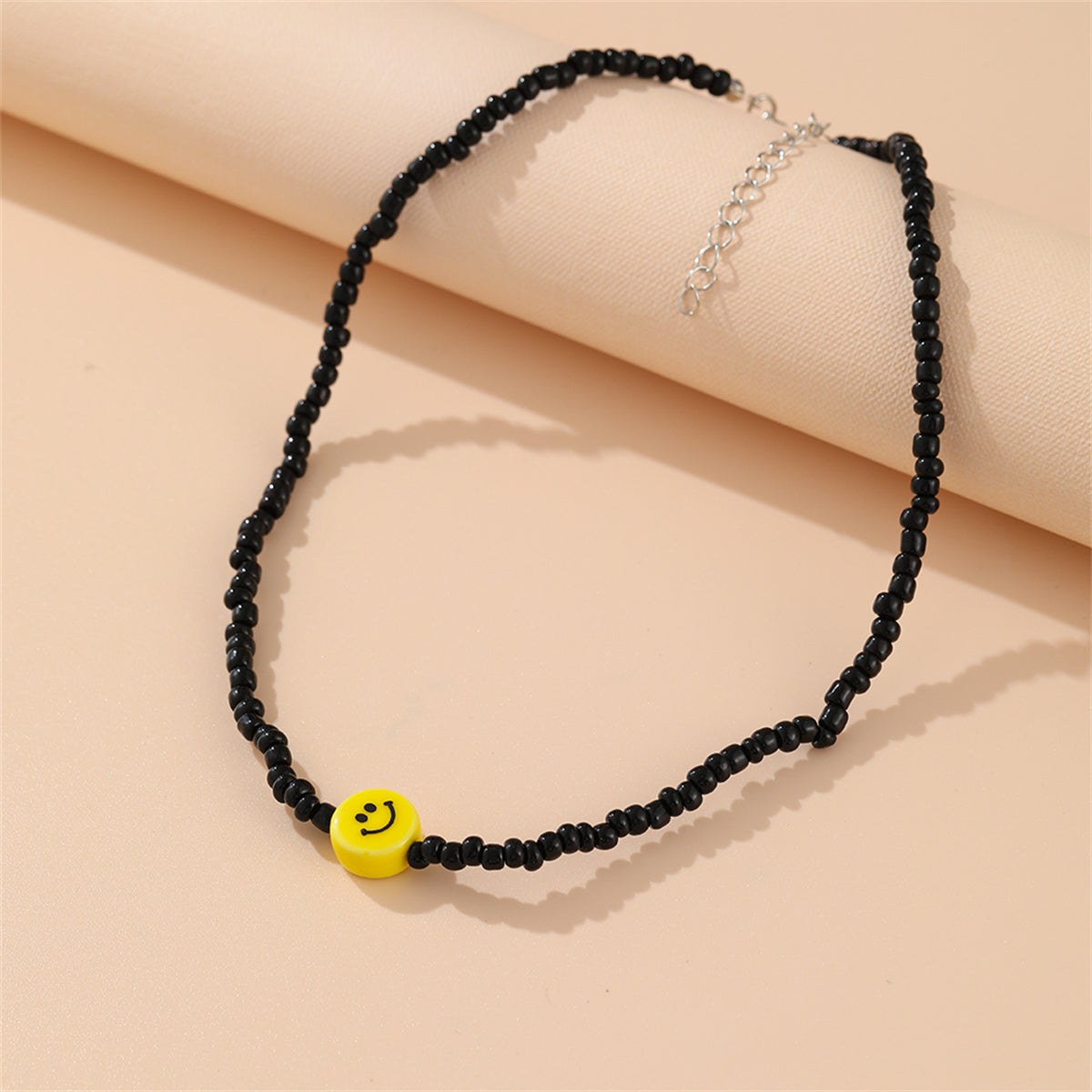 Black Howlite and Silver-Plated Smiley Beaded Choker Necklace, silver pendant necklace for women, front view