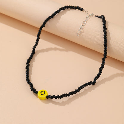 Black Howlite and Silver-Plated Smiley Beaded Choker Necklace, silver pendant necklace for women, front view