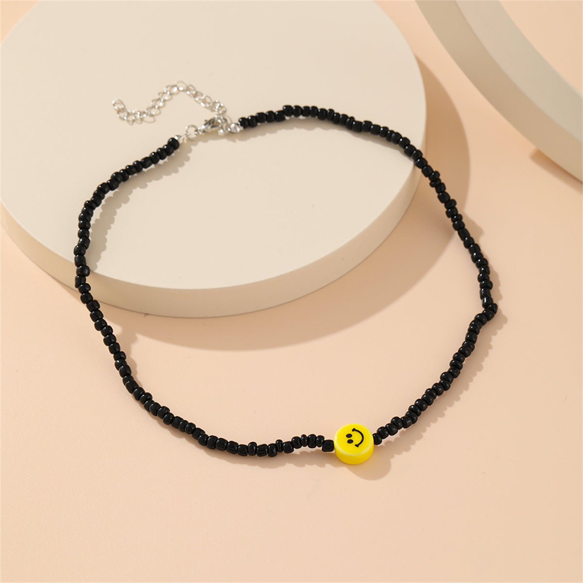 Black Howlite and Silver-Plated Smiley Beaded Choker Necklace, silver pendant necklace for women, side view