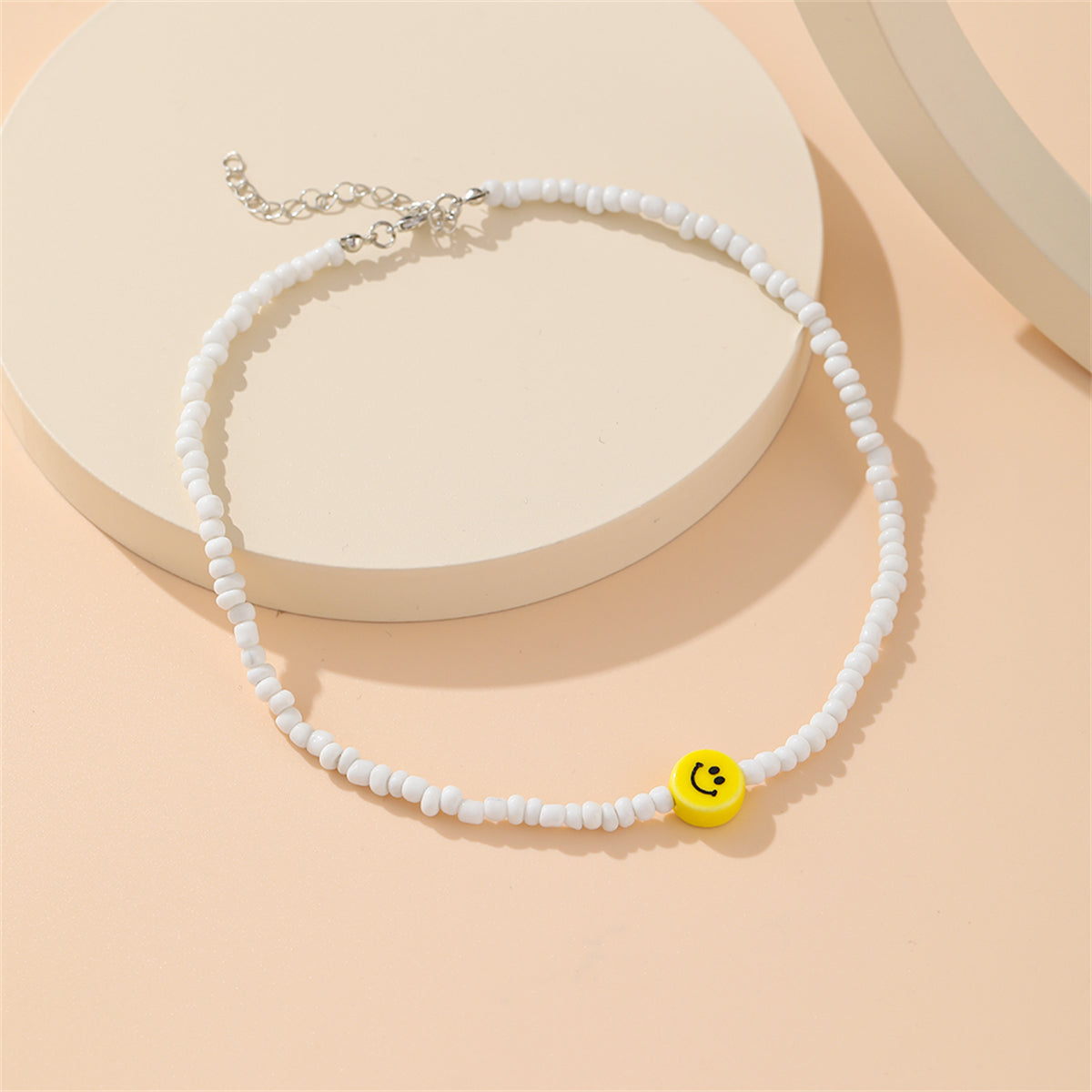Yellow and White Howlite Smiley Face Beaded Necklace, pendant necklace for women, dainty minimalist design, side view