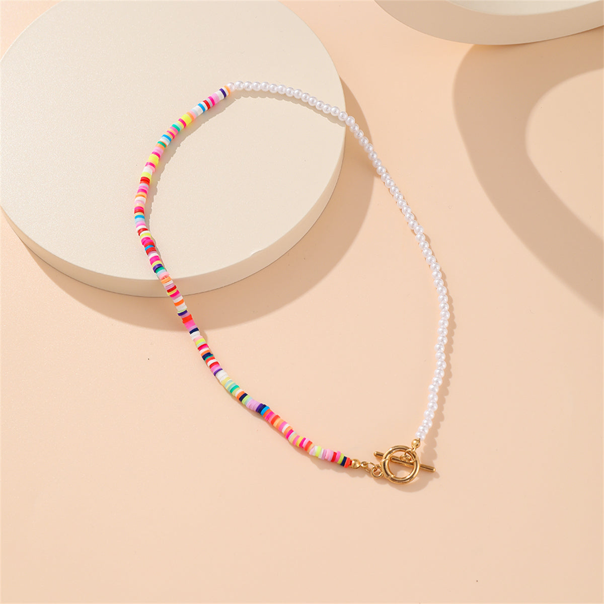 Multicolor Polymer Clay and Pearl Beaded Patchwork Toggle Necklace, pendant necklace for women, detail close-up