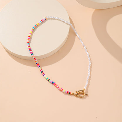 Multicolor Polymer Clay and Pearl Beaded Patchwork Toggle Necklace, pendant necklace for women, detail close-up