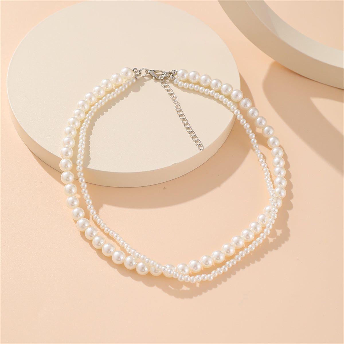 Silver-Plated and Pearl Layered Necklace, silver pendant necklace for women, dainty minimalist design, detail close-up