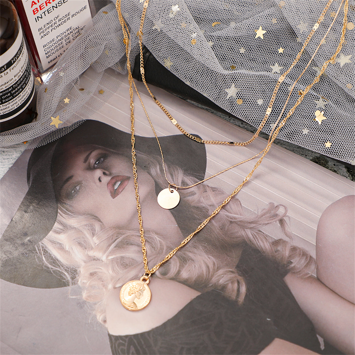 18K Gold-Plated Sequin Coin Pendant Layered Necklace, gold pendant necklace for women, elegant gift for her, detail close-up