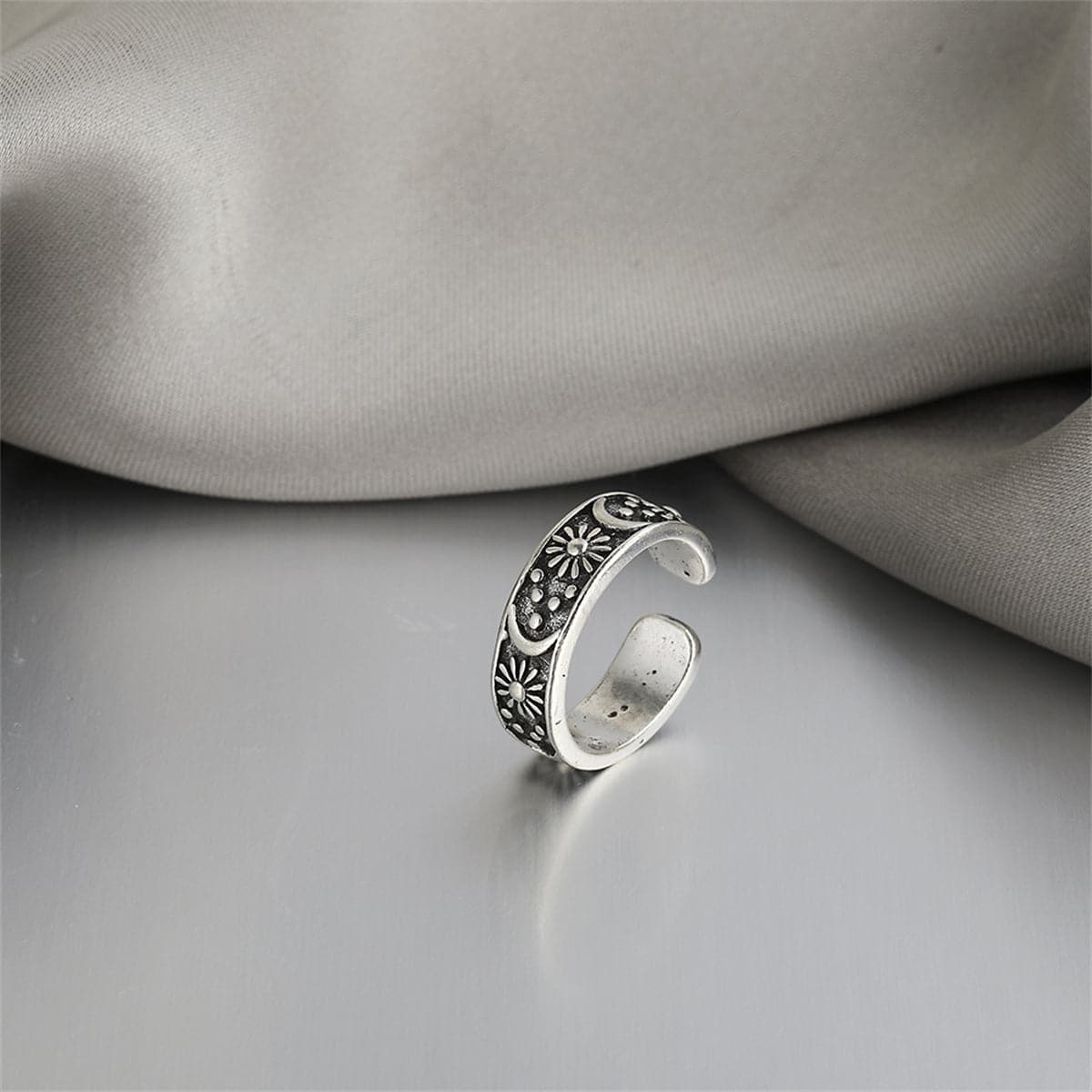 Silver-Plated Celestial Ring, silver statement rings for women, botanical inspired, side view