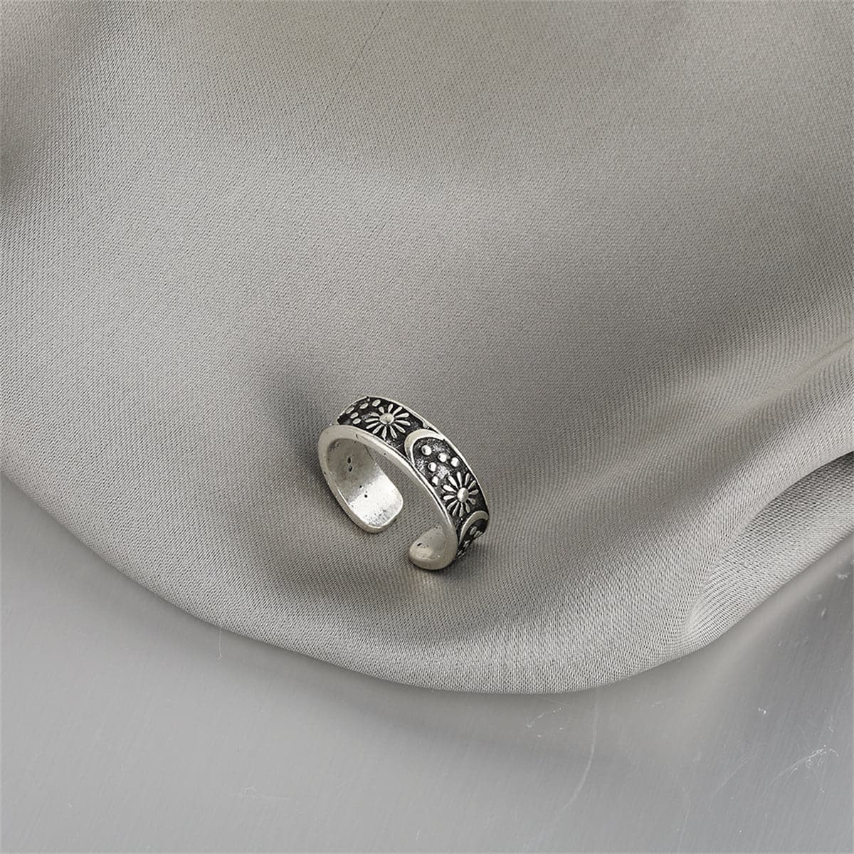 Silver-Plated Celestial Ring, silver statement rings for women, botanical inspired, detail close-up