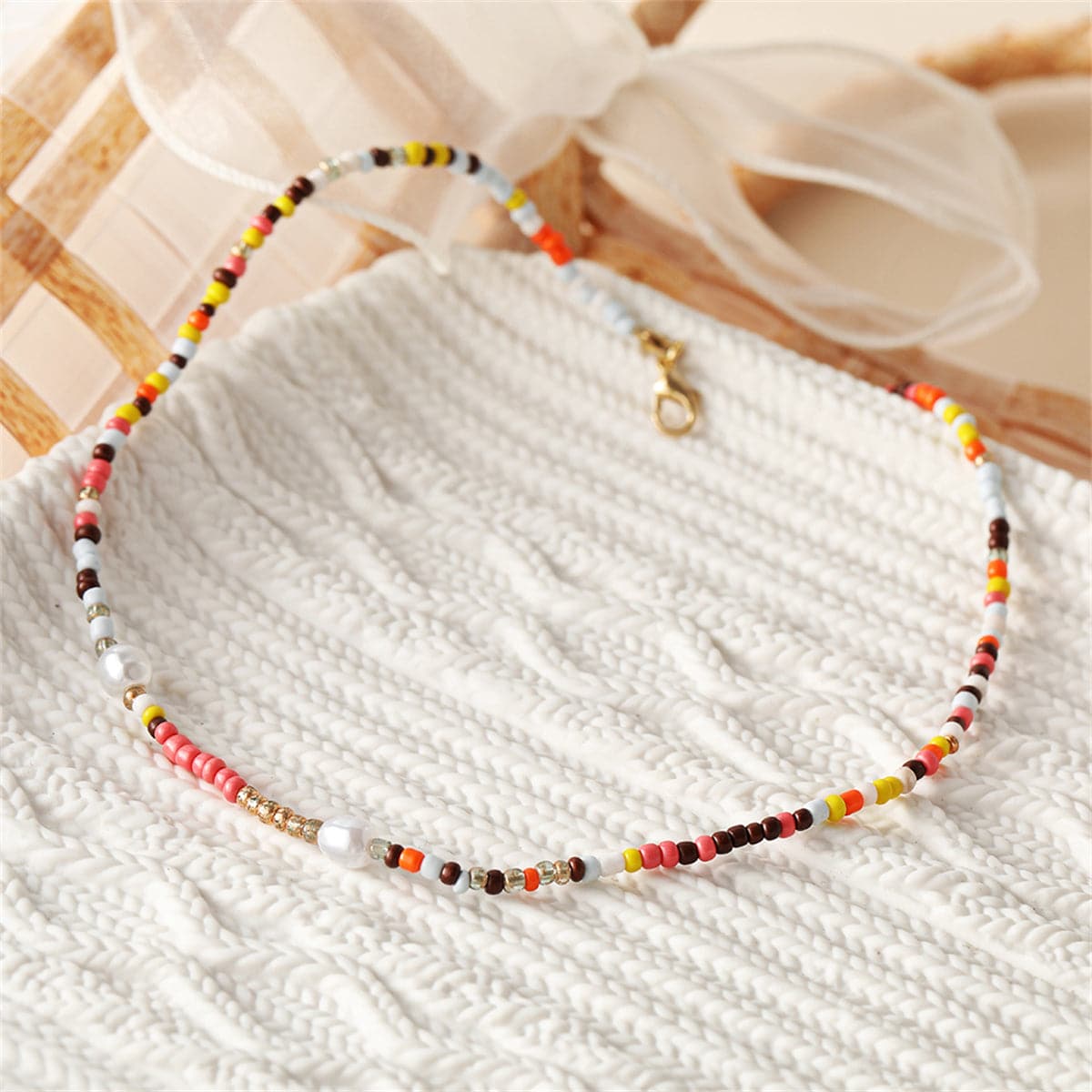 Multicolor Howlite and Pearl Beaded Necklace, pendant necklace for women, elegant gift for her, side view