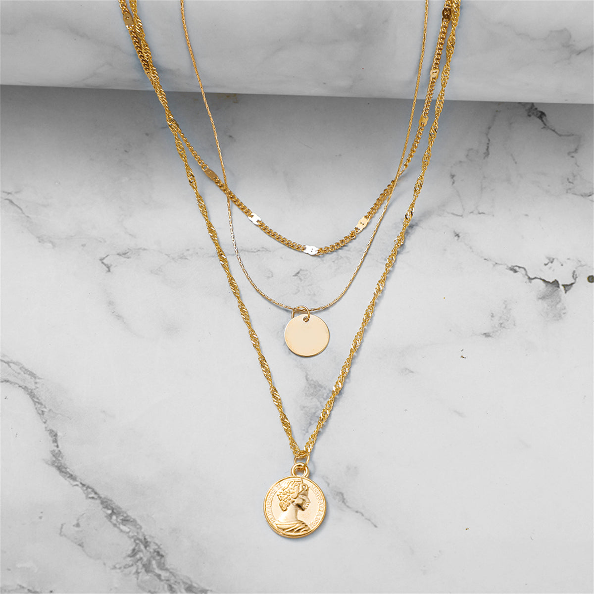 18K Gold-Plated Sequin Coin Pendant Layered Necklace
