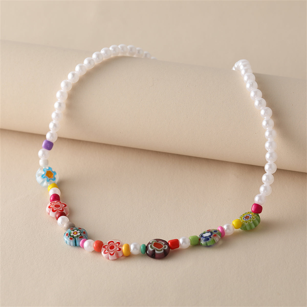 Howlite & Acrylic Pearl Flower Station Necklace