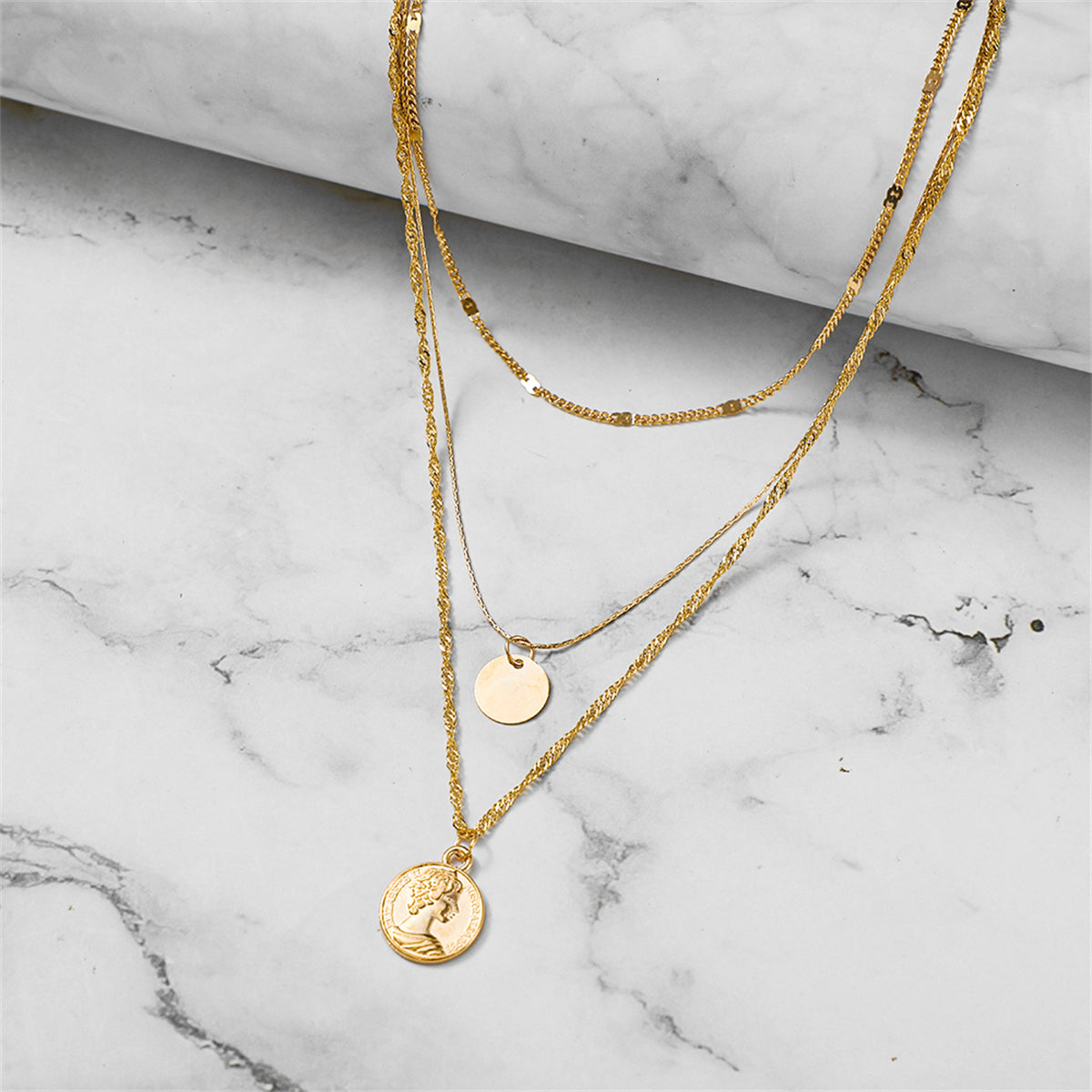 18K Gold-Plated Sequin Coin Pendant Layered Necklace