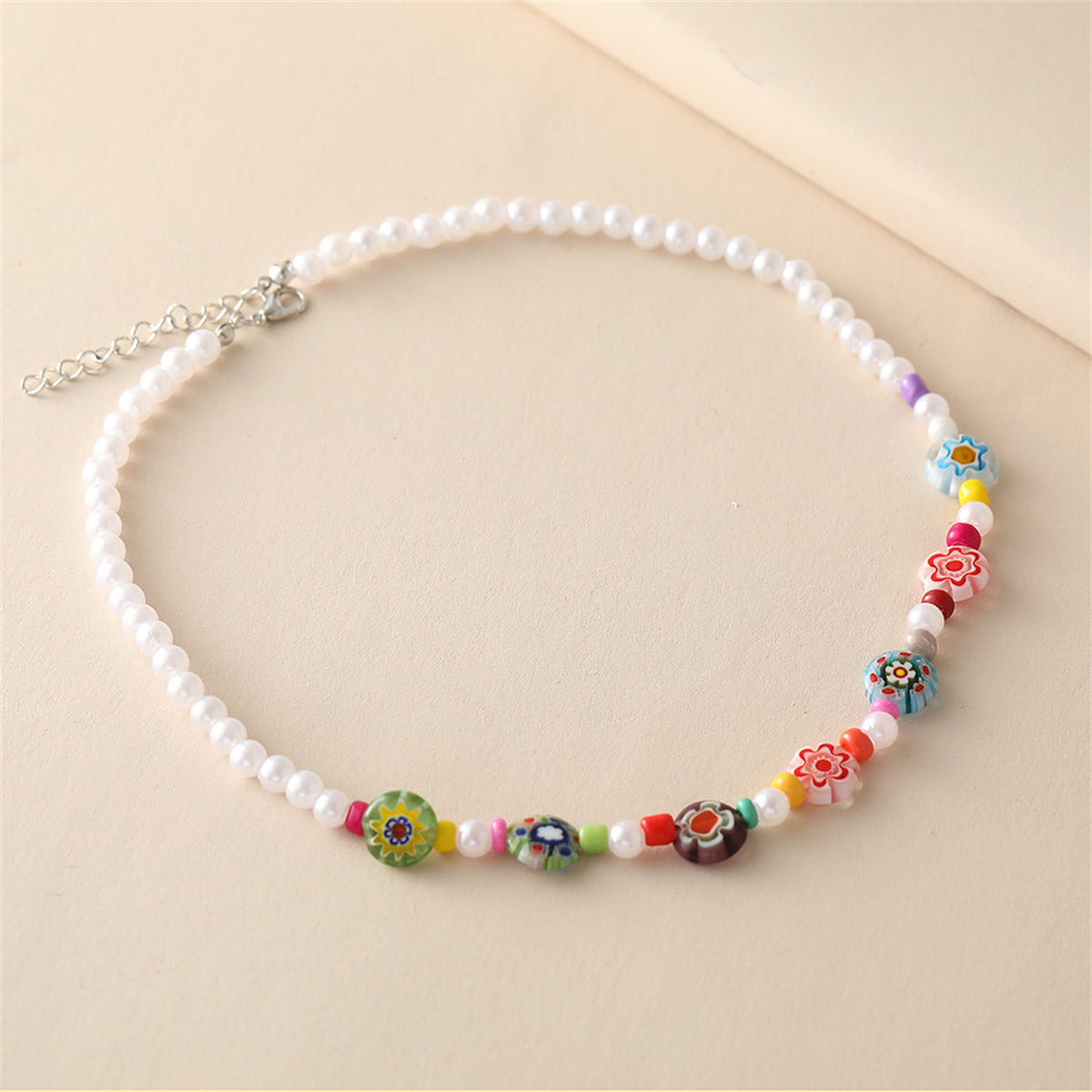 Howlite & Acrylic Pearl Flower Station Necklace