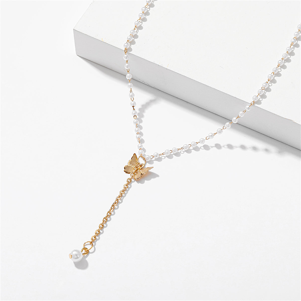 Pearl and 18K Gold-Plated Butterfly Drop Necklace, gold pendant necklace for women, botanical inspired, side view