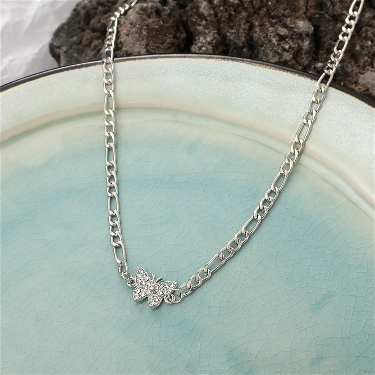 Cubic Zirconia & Silver-Plated Butterfly Choker Necklace