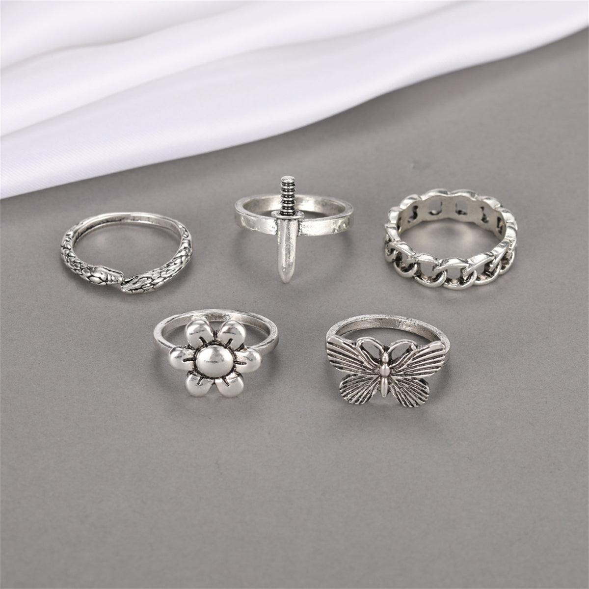 Silver-Plated Butterfly Snake Flower Ring Set