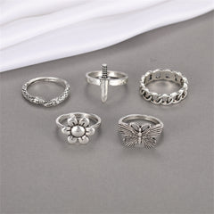 Silver-Plated Butterfly Snake Flower Ring Set