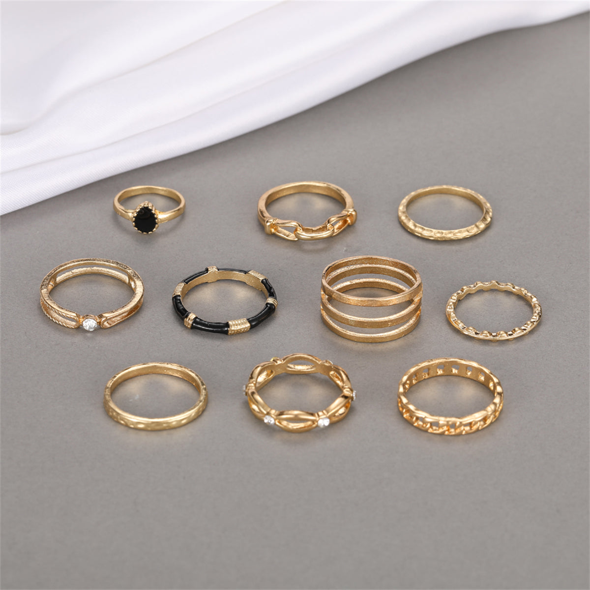 Cubic Zirconia and Enamel 18K Gold-Plated Layered Ring Set, jewelry gift sets for women, botanical inspired, detail close-up