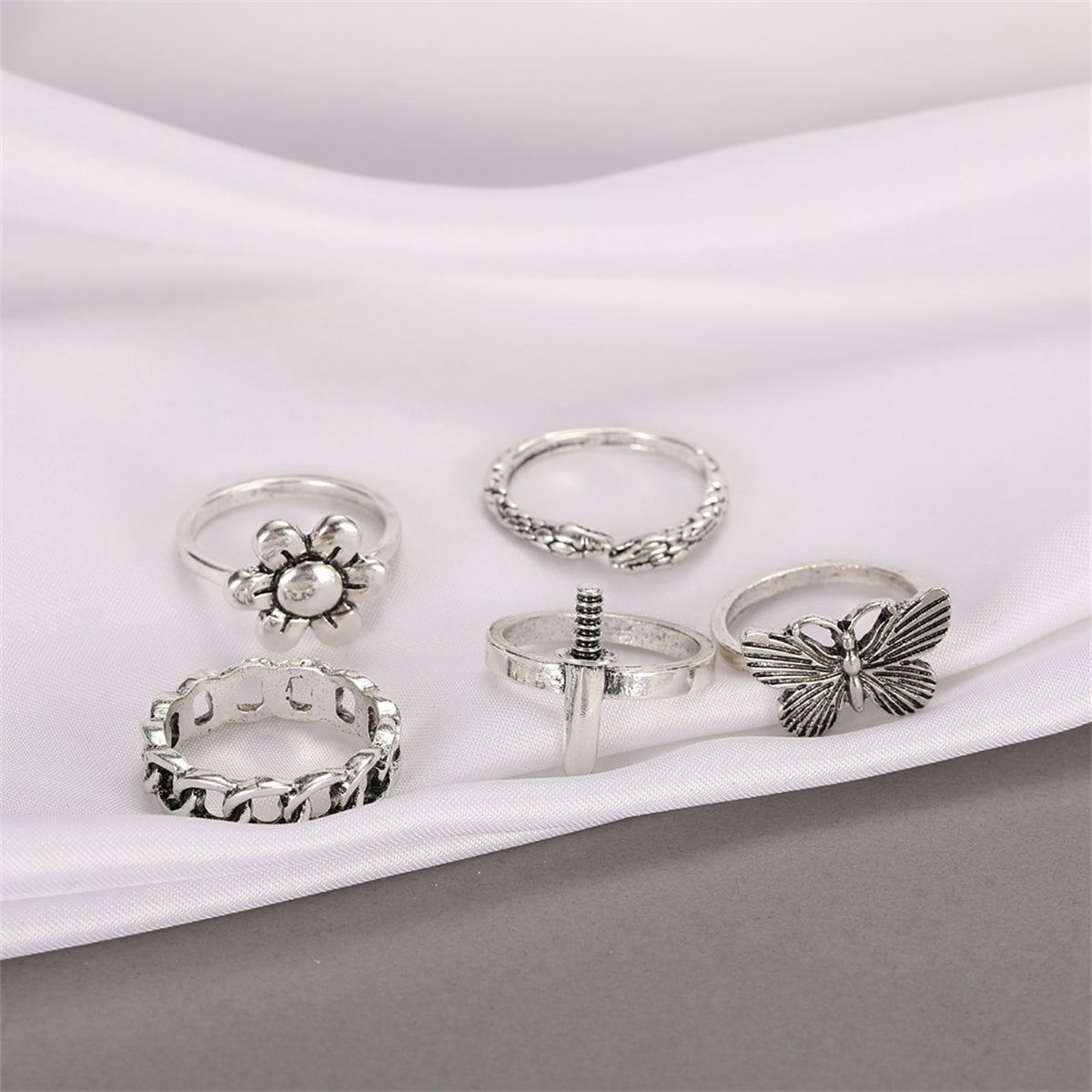 Silver-Plated Butterfly Snake Flower Ring Set