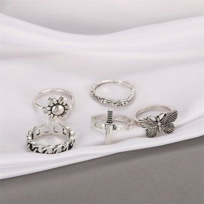 Silver-Plated Butterfly Snake Flower Ring Set, jewelry gift sets for women, everyday style, detail close-up