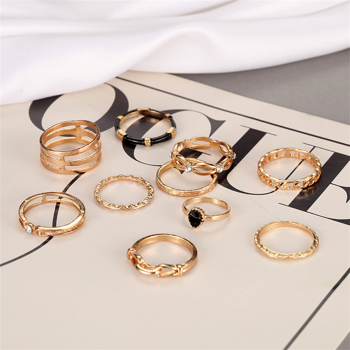 Cubic Zirconia and Enamel 18K Gold-Plated Layered Ring Set, jewelry gift sets for women, botanical inspired, lifestyle look