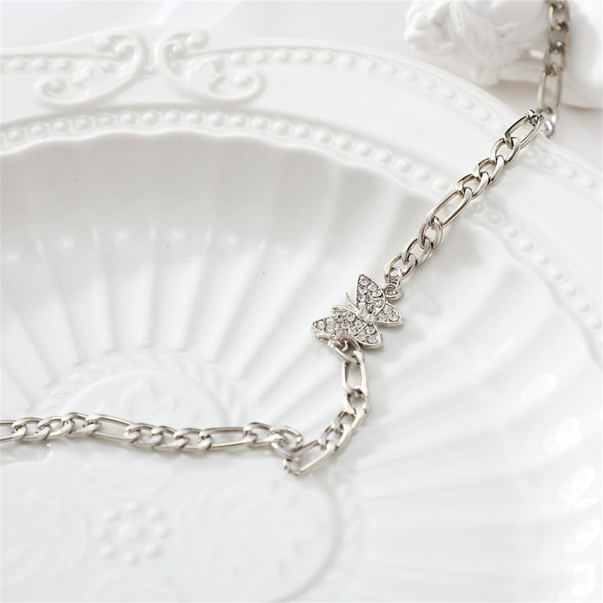 Cubic Zirconia & Silver-Plated Butterfly Choker Necklace