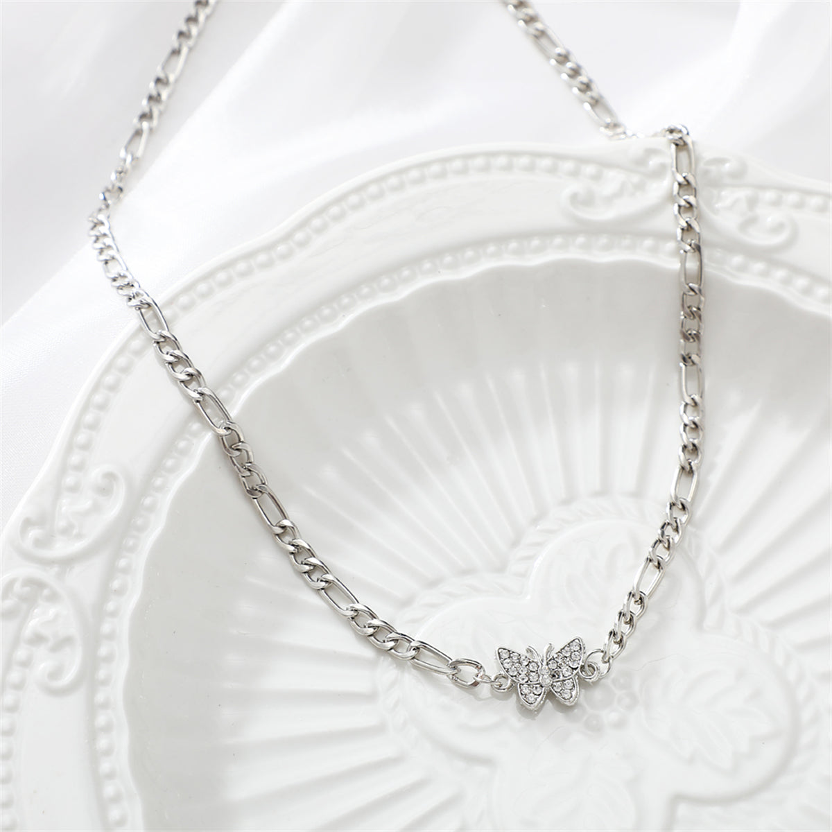 Cubic Zirconia & Silver-Plated Butterfly Choker Necklace