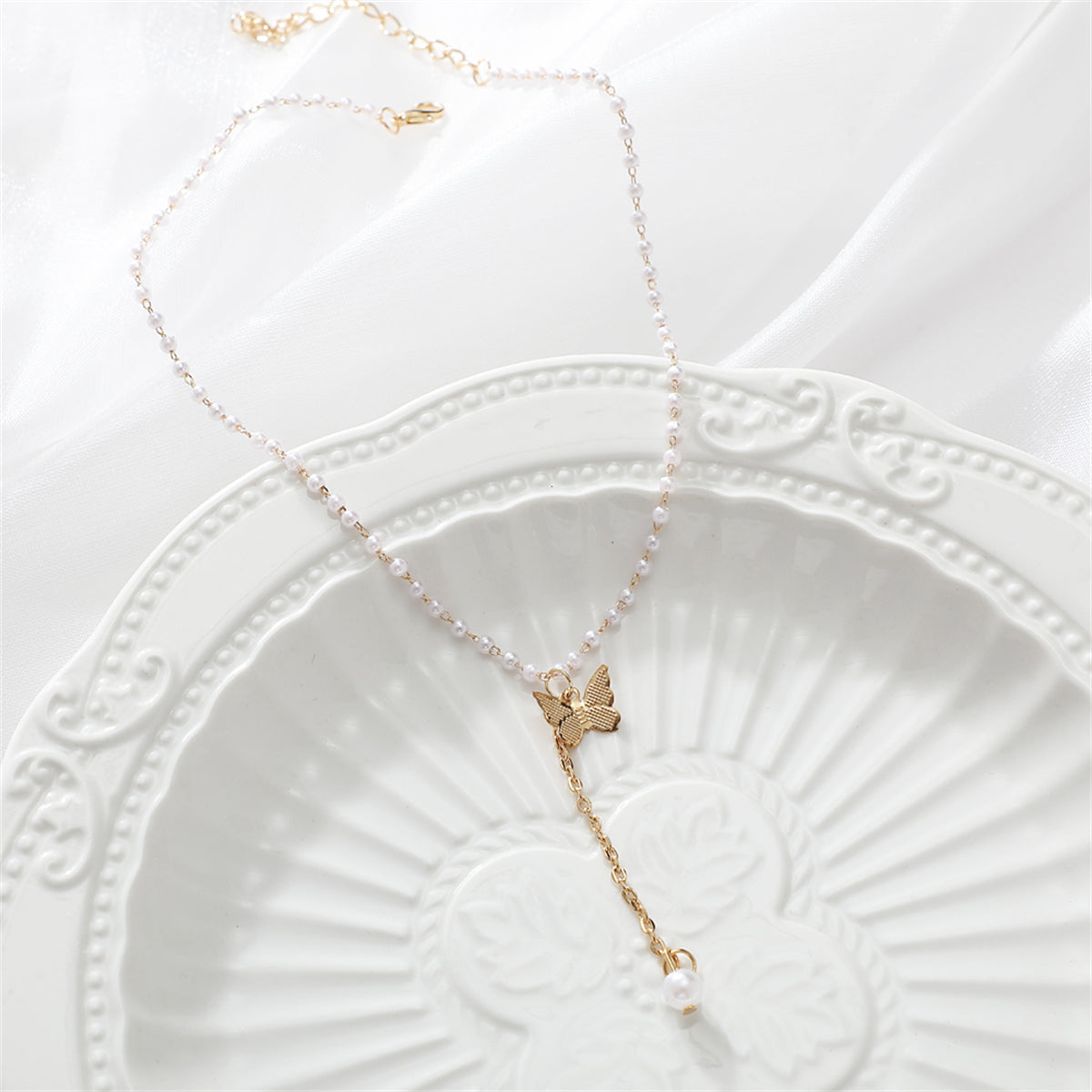 Pearl and 18K Gold-Plated Butterfly Drop Necklace, gold pendant necklace for women, botanical inspired, lifestyle look