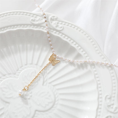 Pearl and 18K Gold-Plated Butterfly Drop Necklace, gold pendant necklace for women, botanical inspired, styled look