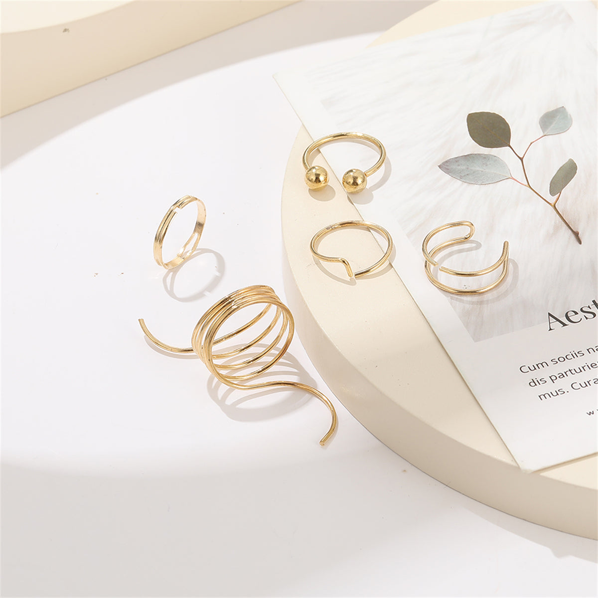 18K Gold-Plated Bead Layered Ring Set, jewelry gift sets for women, botanical inspired, detail close-up