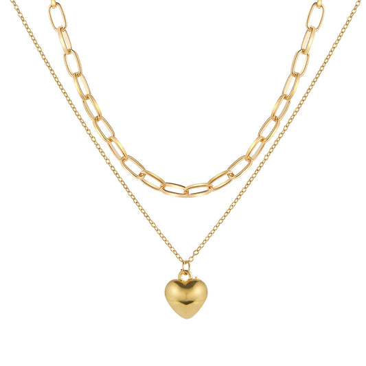 18K Gold-Plated Heart Pendant Layered Necklace, gold pendant necklace for women, everyday style, front view