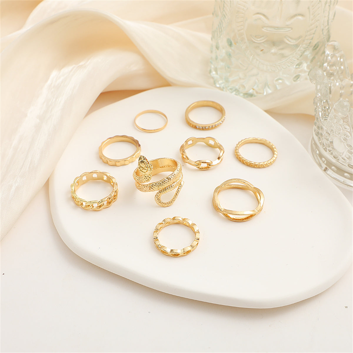 Cubic Zirconia and 18K Gold-Plated Snake Chain Ring Set, jewelry gift sets for women, detail close-up