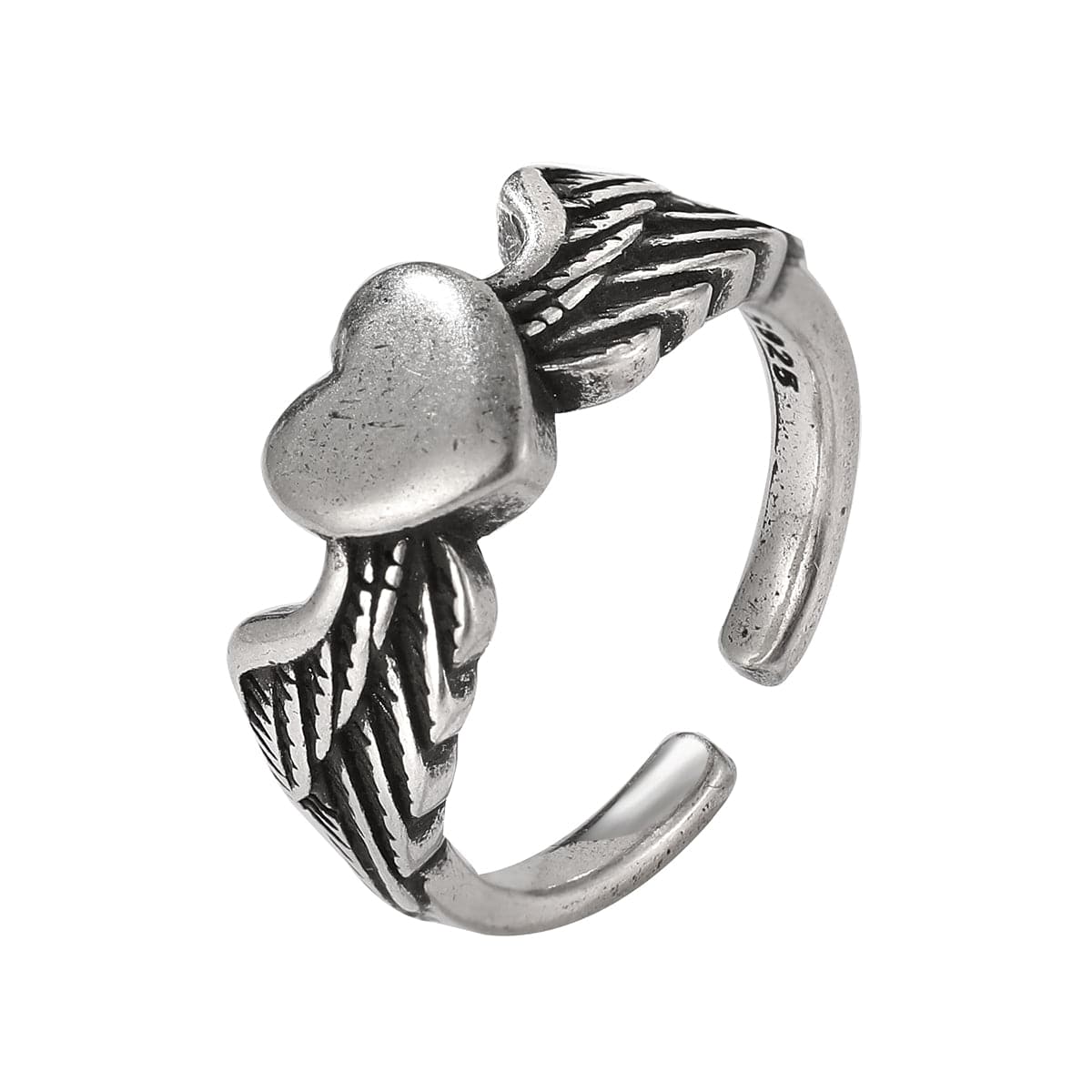 Silver-Plated Flying Heart Open Ring, silver statement rings for women, dainty minimalist design, front view