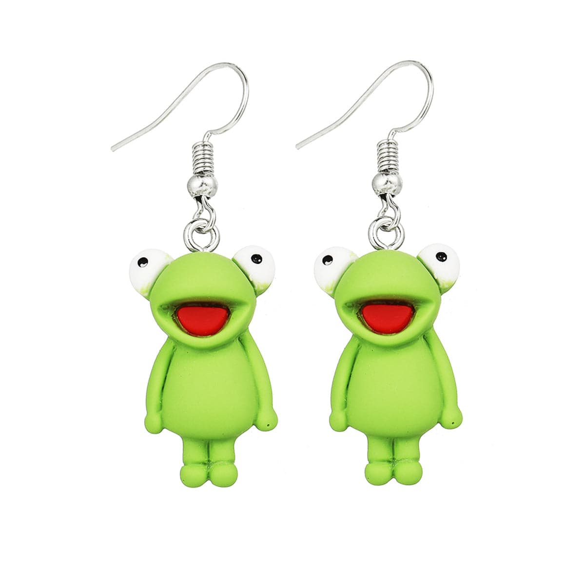 Green Polymer Clay and Silver-Plated Frog Drop Earrings, silver drop earrings for women, dainty minimalist design, side view