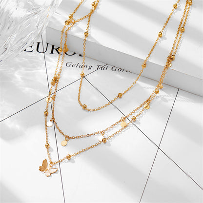 18K Gold-Plated Butterfly Layered Station Necklace, gold pendant necklace for women, botanical inspired, styled look
