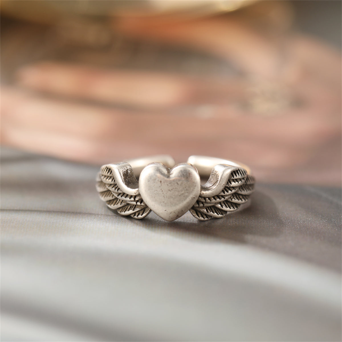 Silver-Plated Flying Heart Open Ring