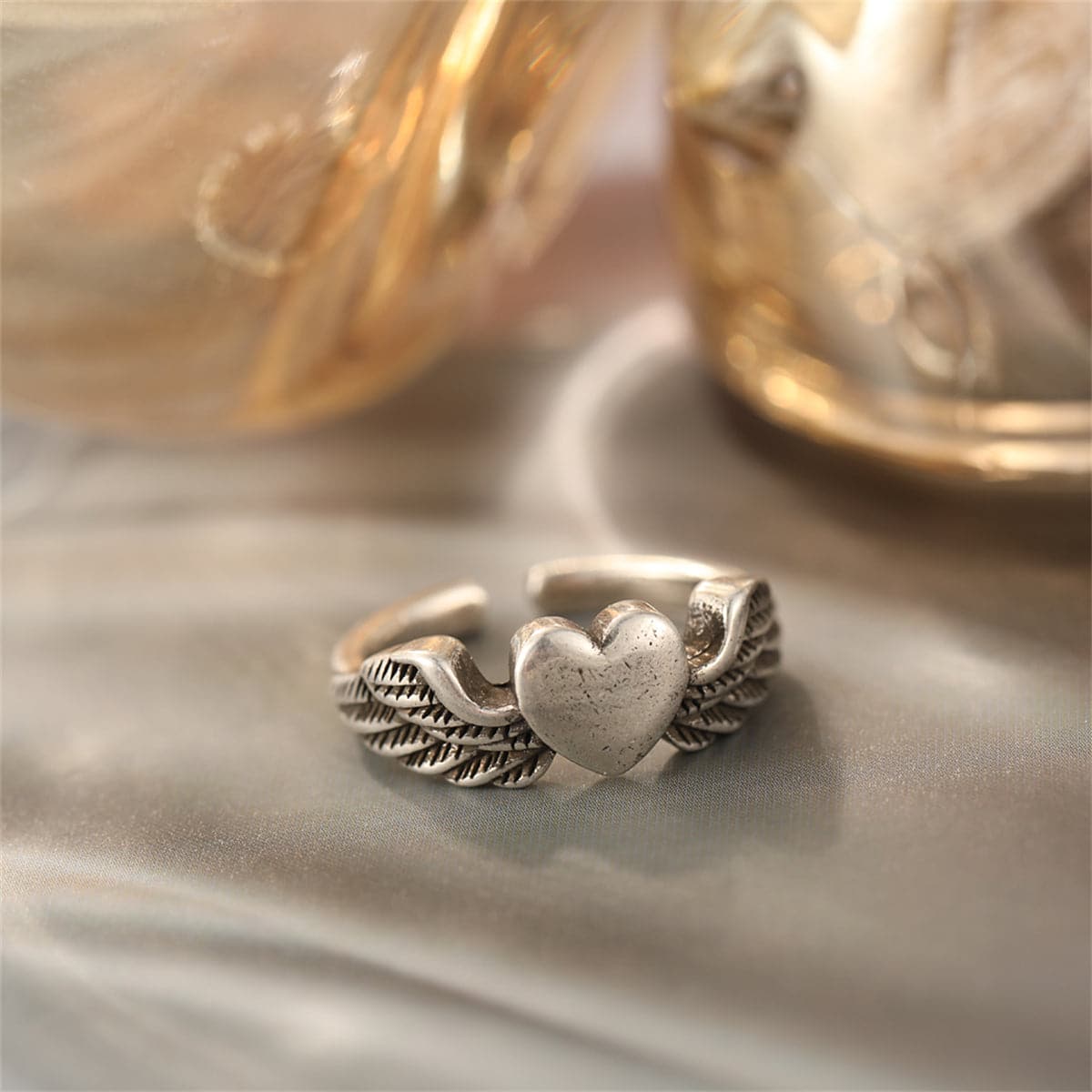 Silver-Plated Flying Heart Open Ring, silver statement rings for women, dainty minimalist design, side view