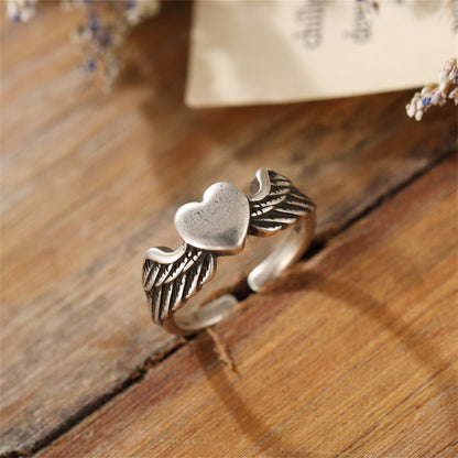 Silver-Plated Flying Heart Open Ring