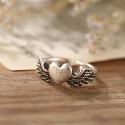 Silver-Plated Flying Heart Open Ring, silver statement rings for women, dainty minimalist design, detail close-up