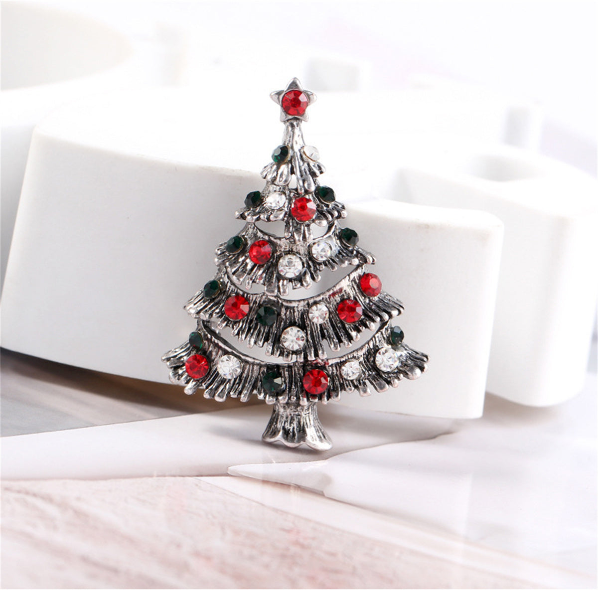 Red and Black Cubic Zirconia Openwork Christmas Tree Brooch, brooch pin, everyday style, front view