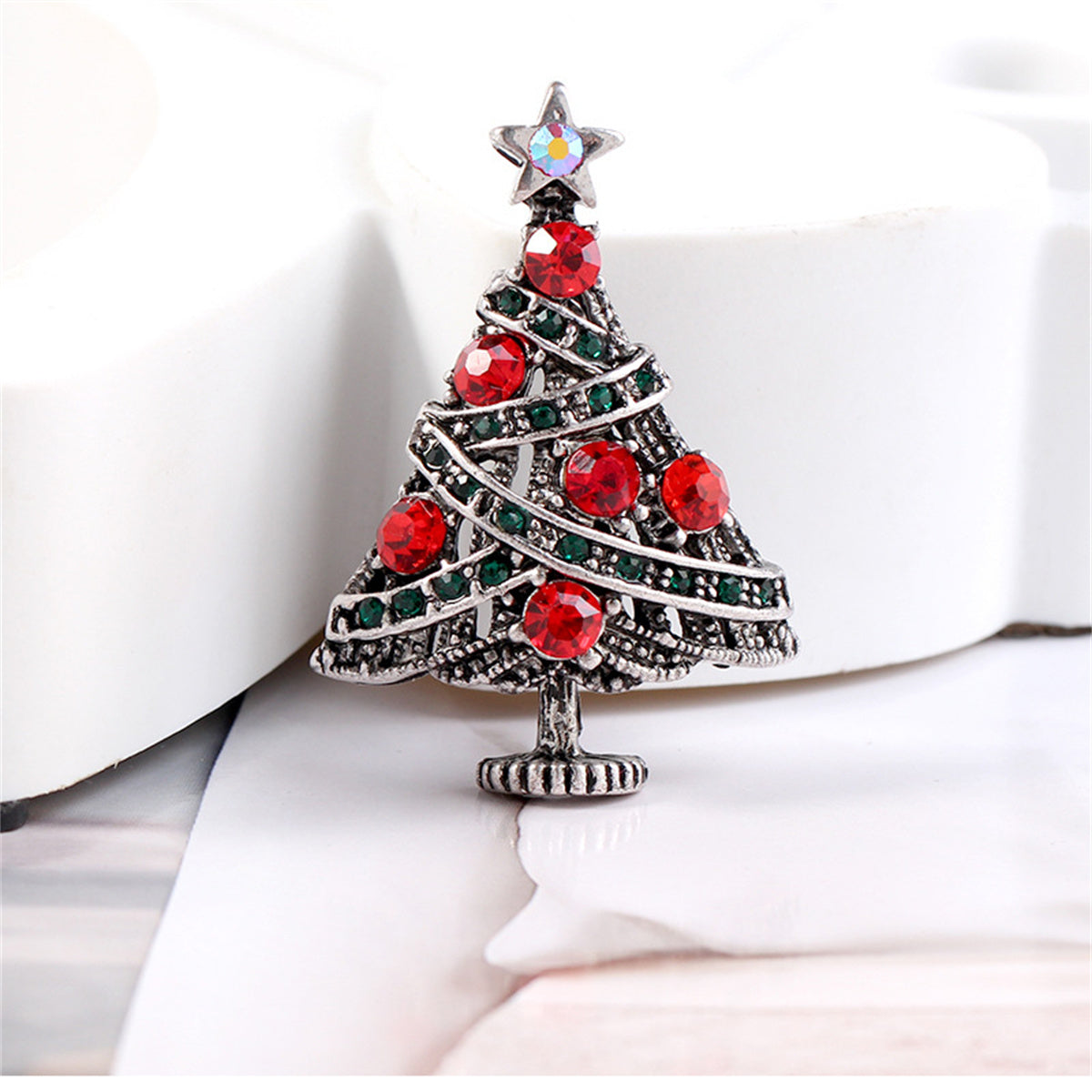 Red Cubic Zirconia and Silver-Plated Christmas Tree Brooch, silver brooch pin, dainty minimalist design, front view