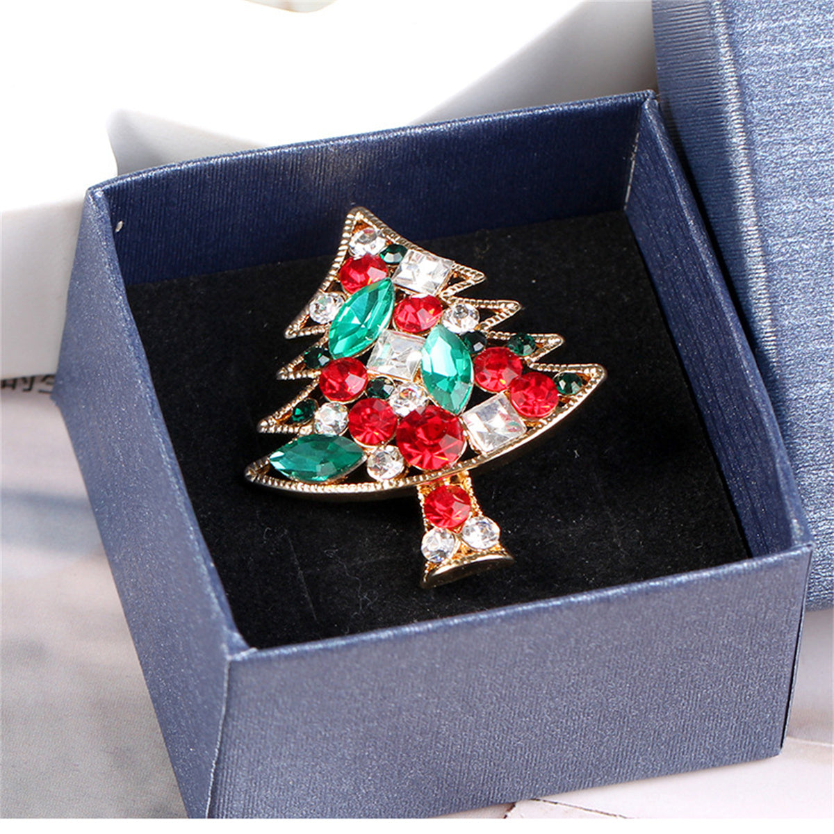 Colored Cubic Zirconia & Crystal Christmas Tree Brooch