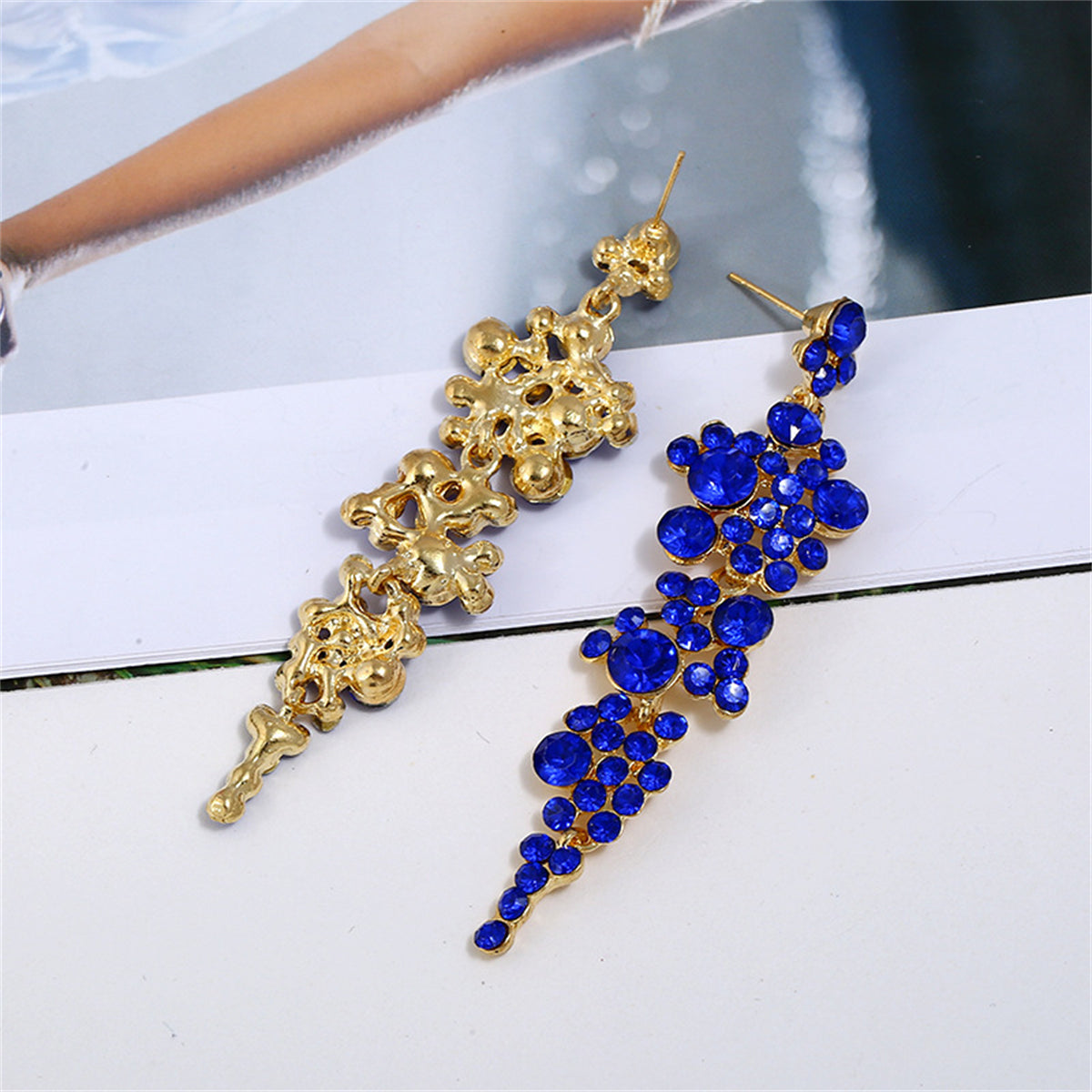 Blue Cubic Zirconia & 18K Gold-Plated Cluster Drop Earrings