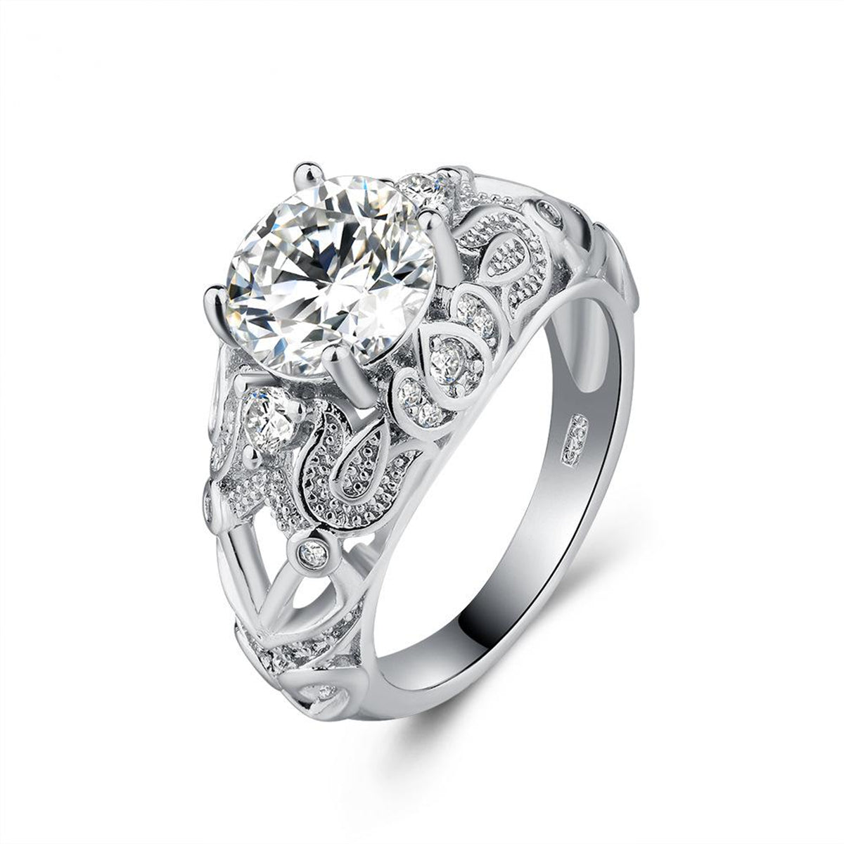 Cubic Zirconia and Crystal Silver-Plated Floral-Accent Prong Ring, silver statement rings for women, front view