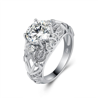 Cubic Zirconia and Crystal Silver-Plated Floral-Accent Prong Ring, silver statement rings for women, front view