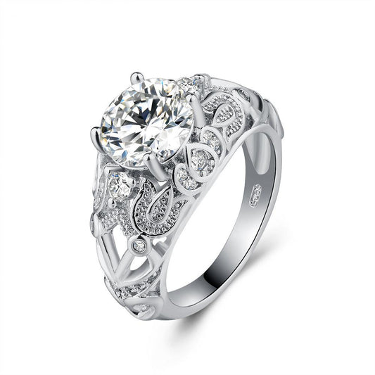 Cubic Zirconia and Crystal Silver-Plated Floral-Accent Prong Ring, silver statement rings for women, front view
