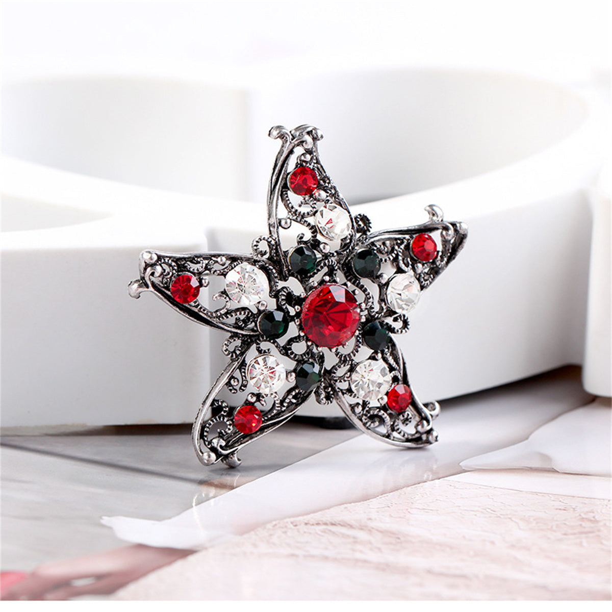 Red Cubic Zirconia & Silver-Plated Star Brooch