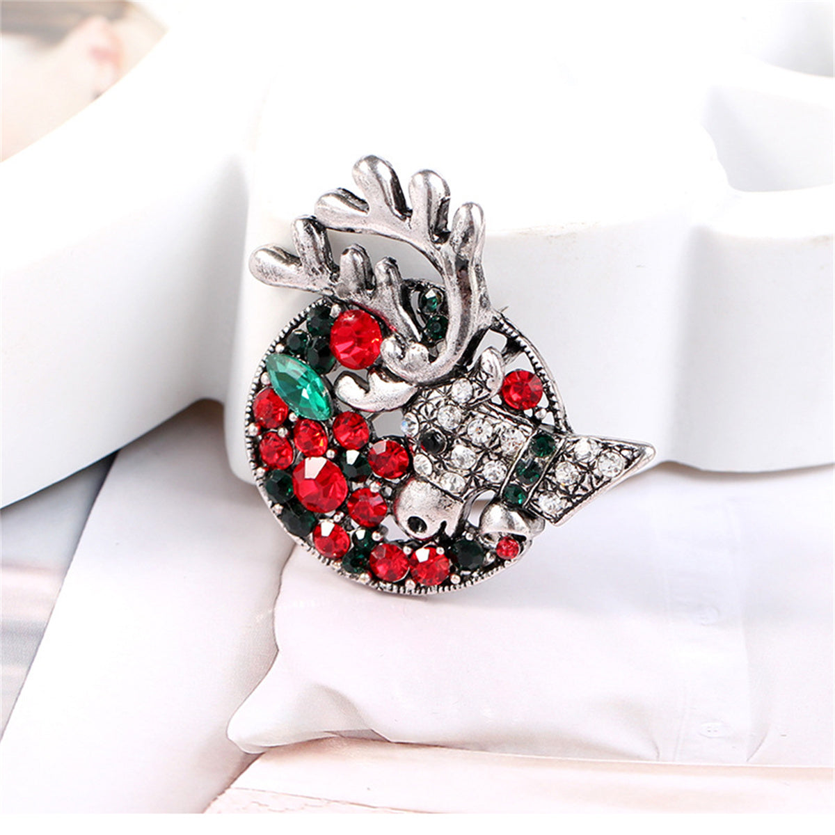 Green Crystal and Cubic Zirconia Silver-Plated Reindeer Brooch, silver brooch pin, vintage-inspired design, detail close-up