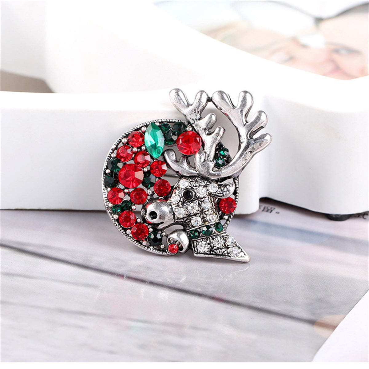 Green Crystal and Cubic Zirconia Silver-Plated Reindeer Brooch, silver brooch pin, vintage-inspired design, lifestyle look