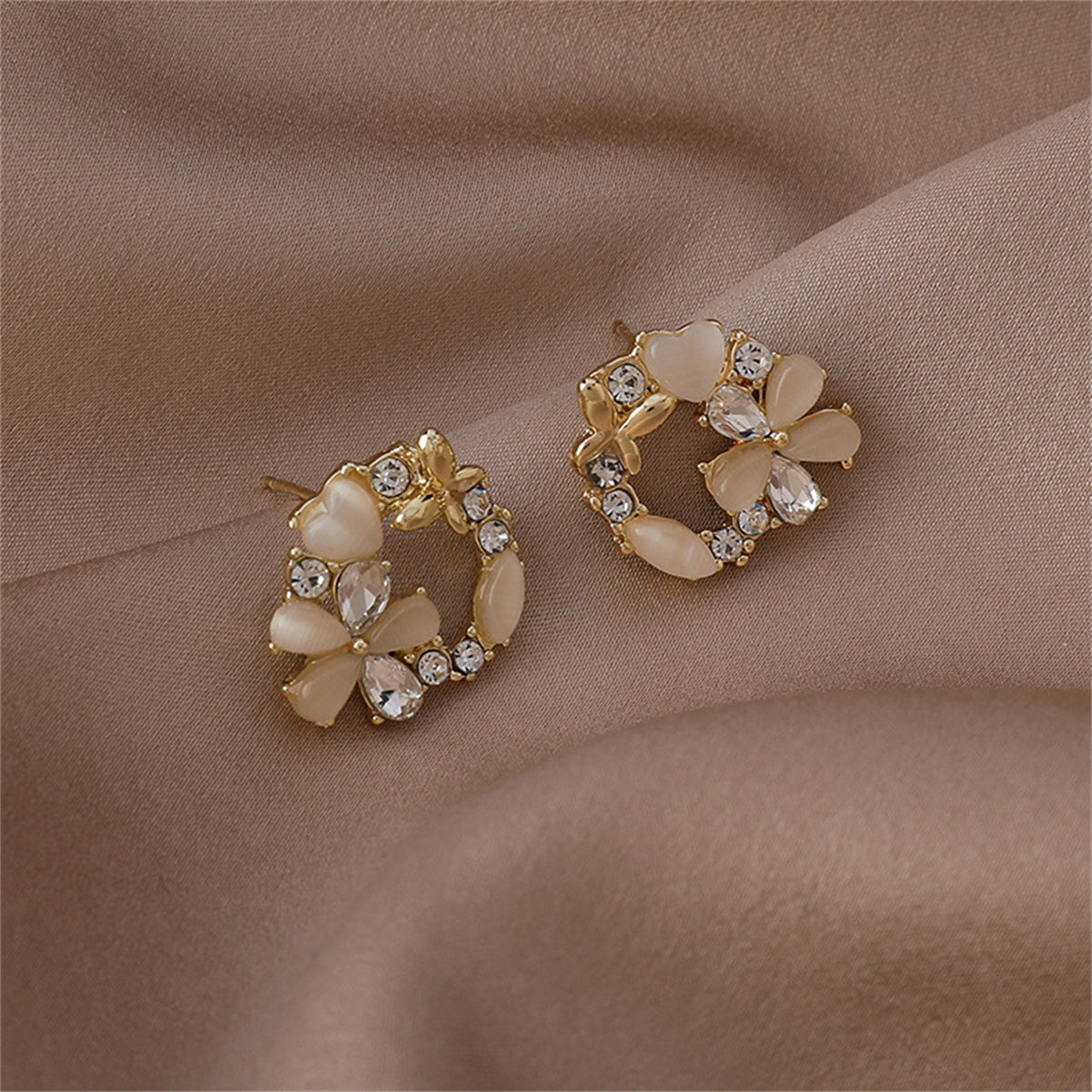 Cubic Zirconia & Crystal Cats Eye Floral Circle Stud Earrings