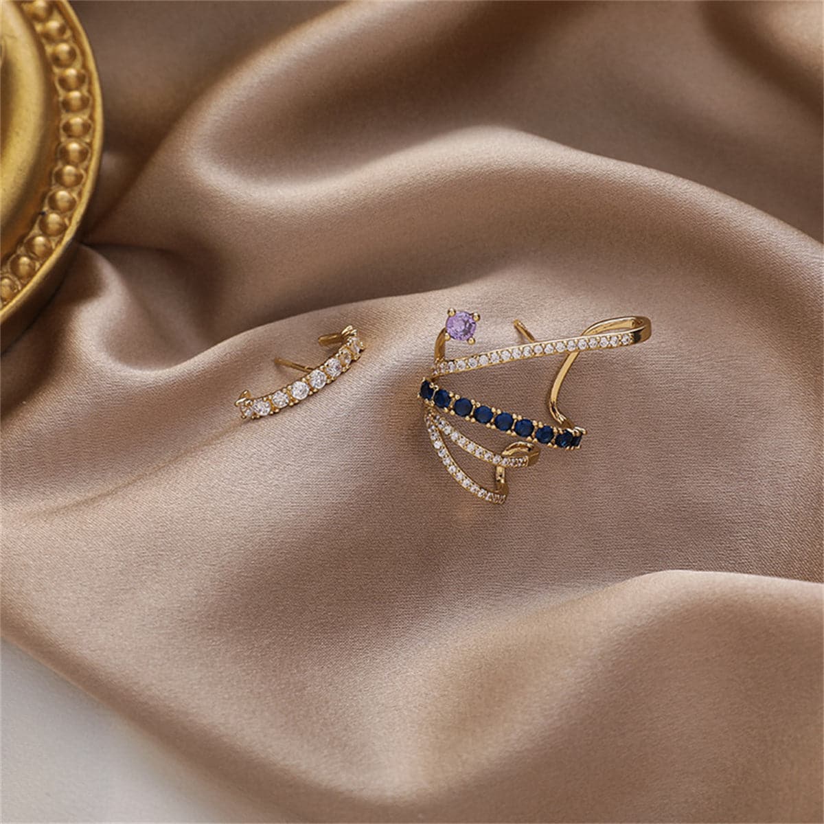 Cubic Zirconia and 18K Gold-Plated Mismatch Wing Stud Earrings, gold stud earrings for women, botanical inspired, styled look