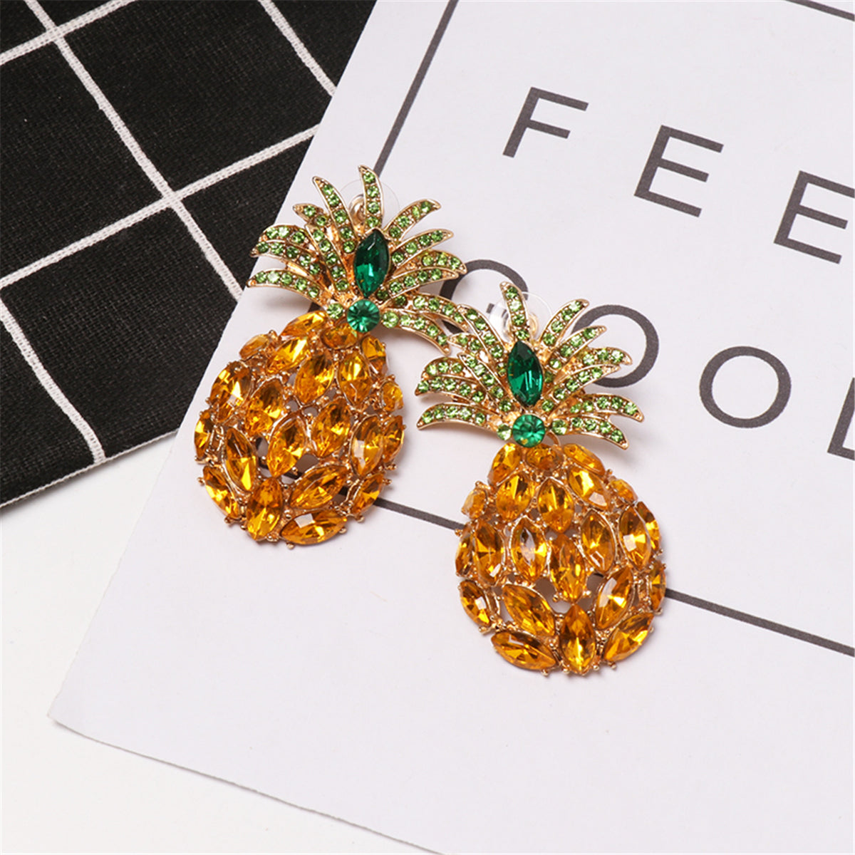Orange Crystal and Cubic Zirconia Pineapple Drop Earrings, drop earrings for women, elegant gift for her, detail close-up
